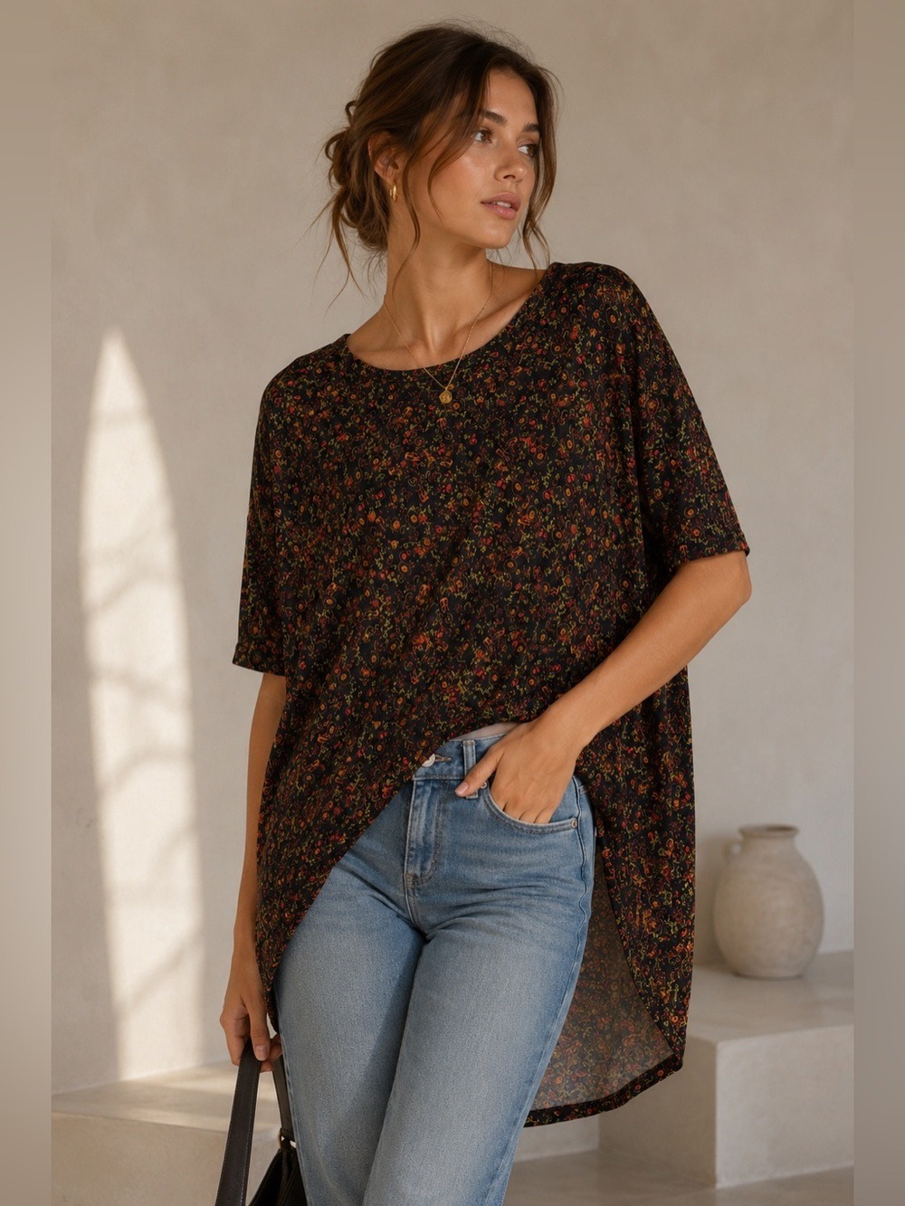 LuLaRoe Irma Black Multicolor Floral Print High Low Tunic Top Size Medium NWT - Picture 1 of 10